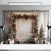 Aperturee - Aperturee Elegant Christmas Garland Arch Photography Backdrop White Wall with Trees Holiday Mini Session Background